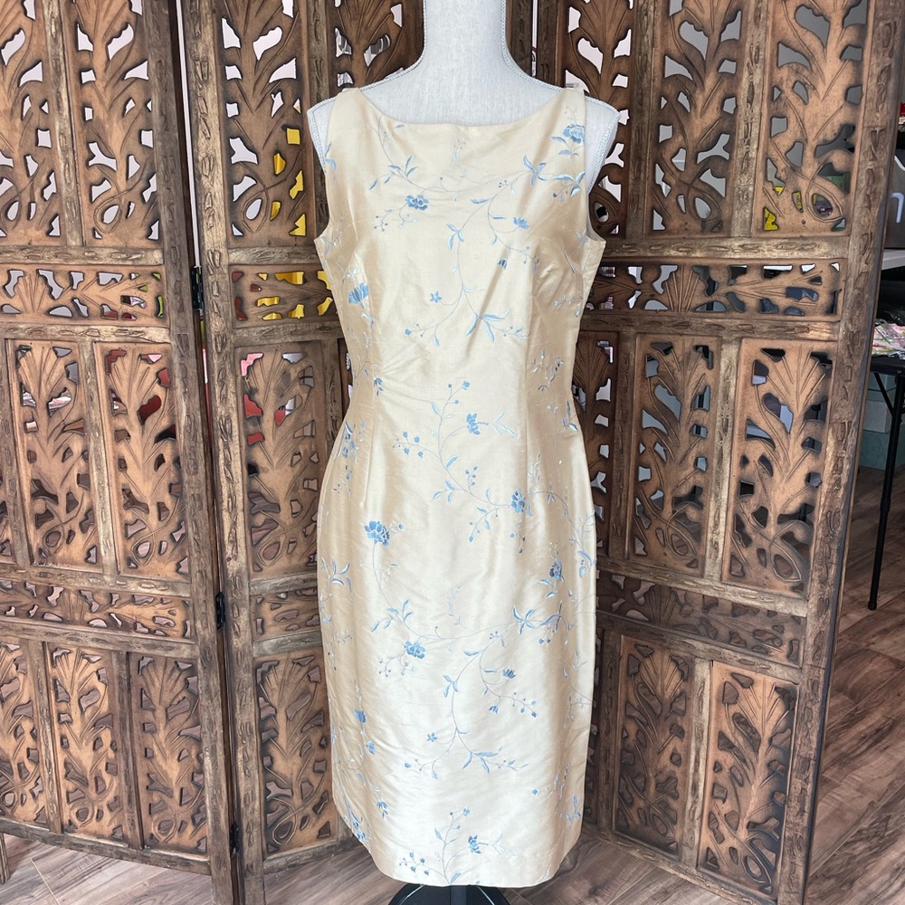 Ann Taylor Cream Blue Sheath Silk Dress Square Neck Midi